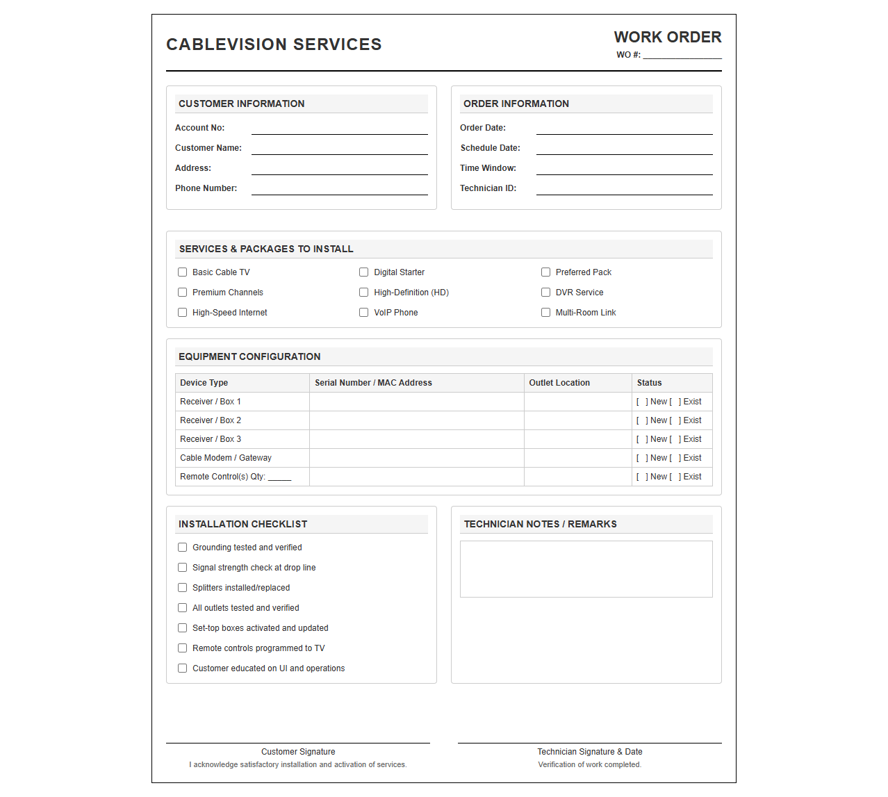 Cable Television Installation Work Order