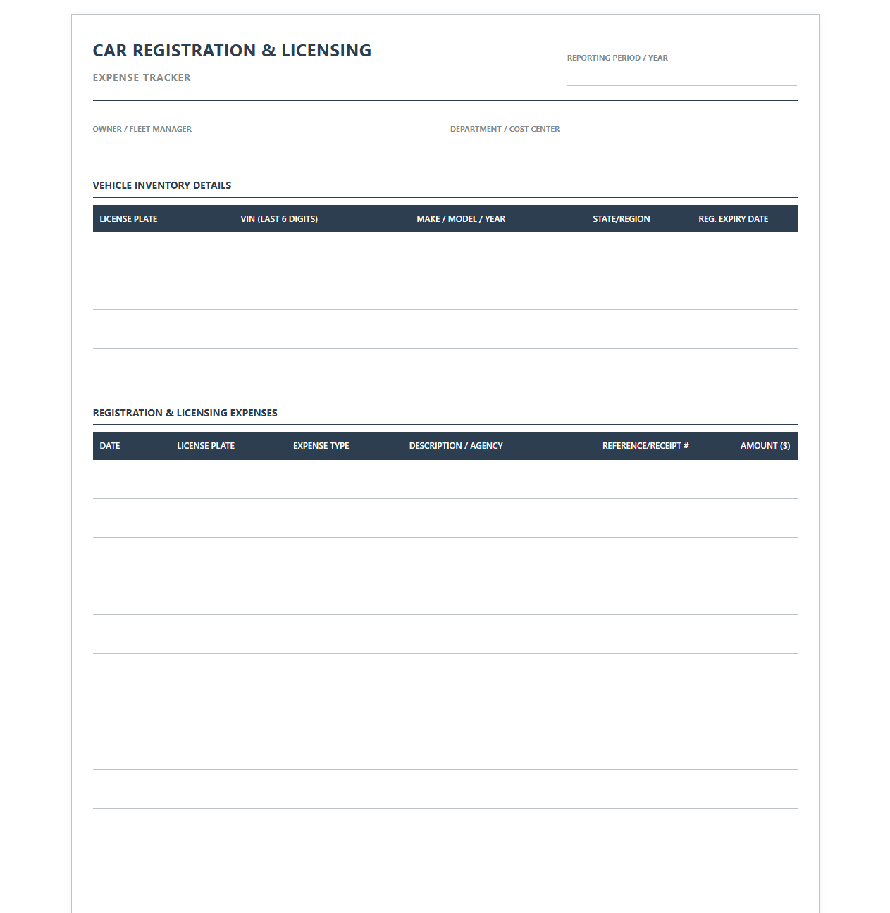 Car Registration Fee and Licensing Expense Tracker