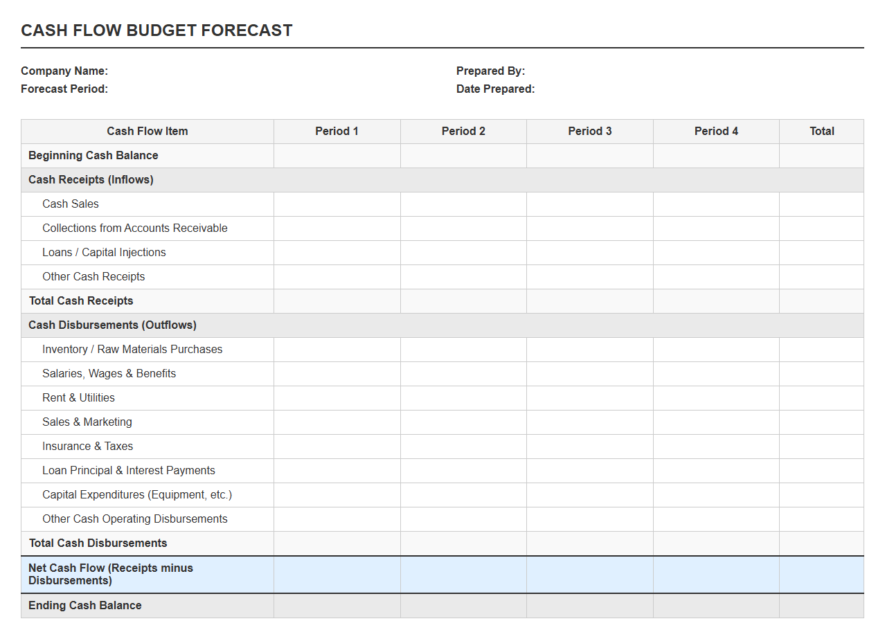 Cash Flow Budget Forecast Statement