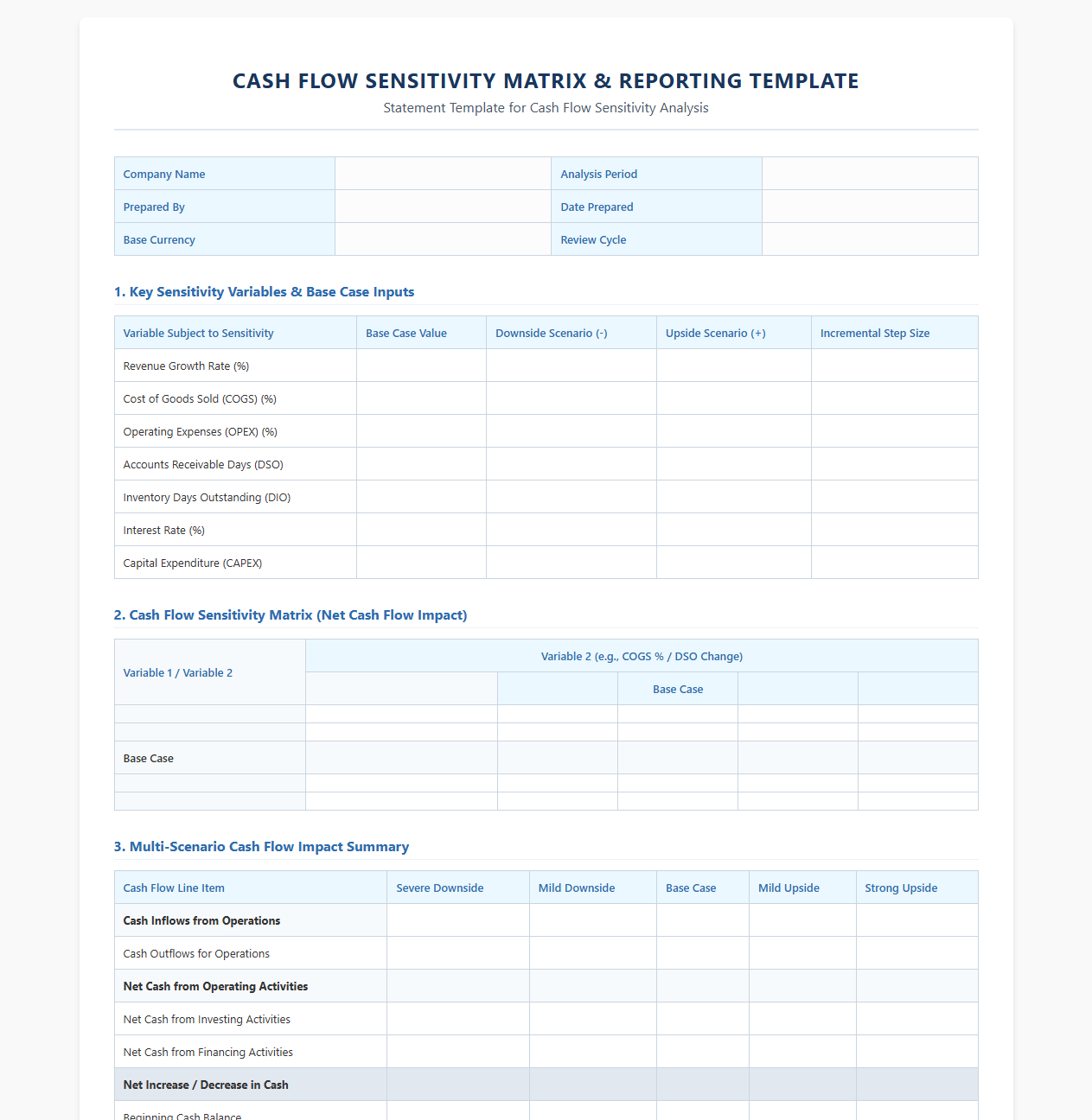Cash Flow Sensitivity Matrix and Reporting Template