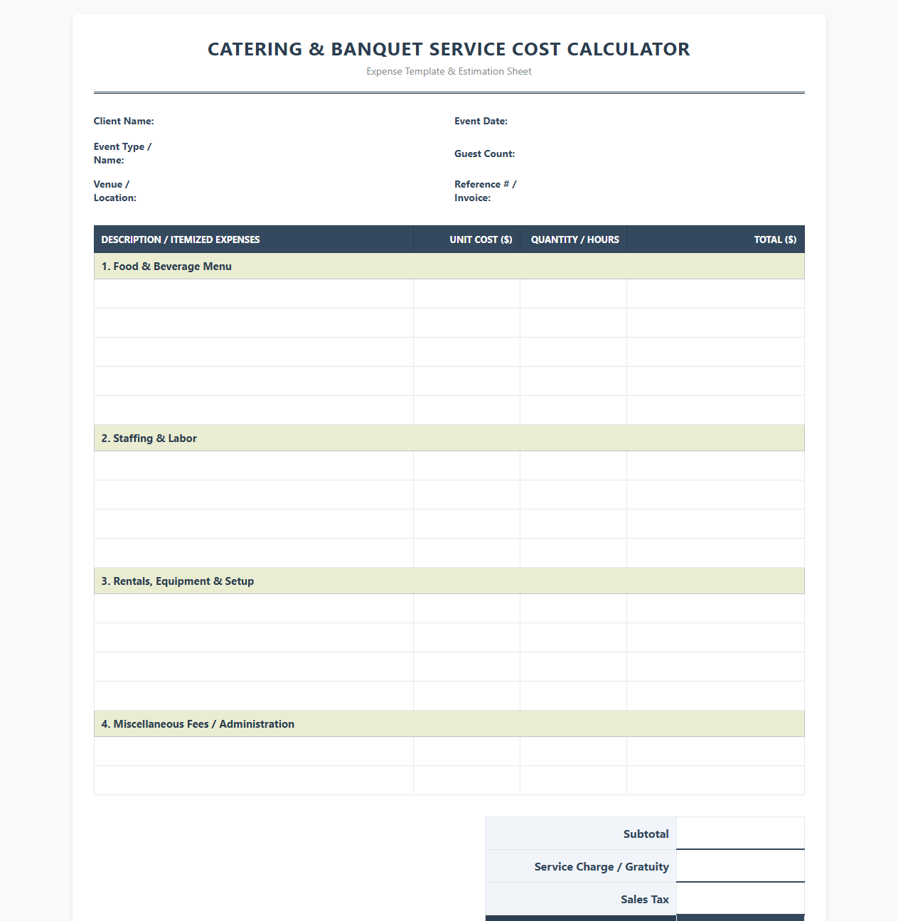 Catering Service Cost Calculator Spreadsheet