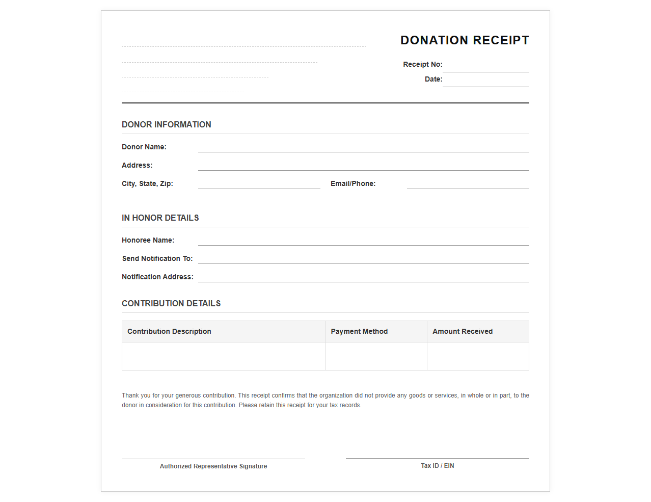 Charitable Receipt for Donations Made in Honor