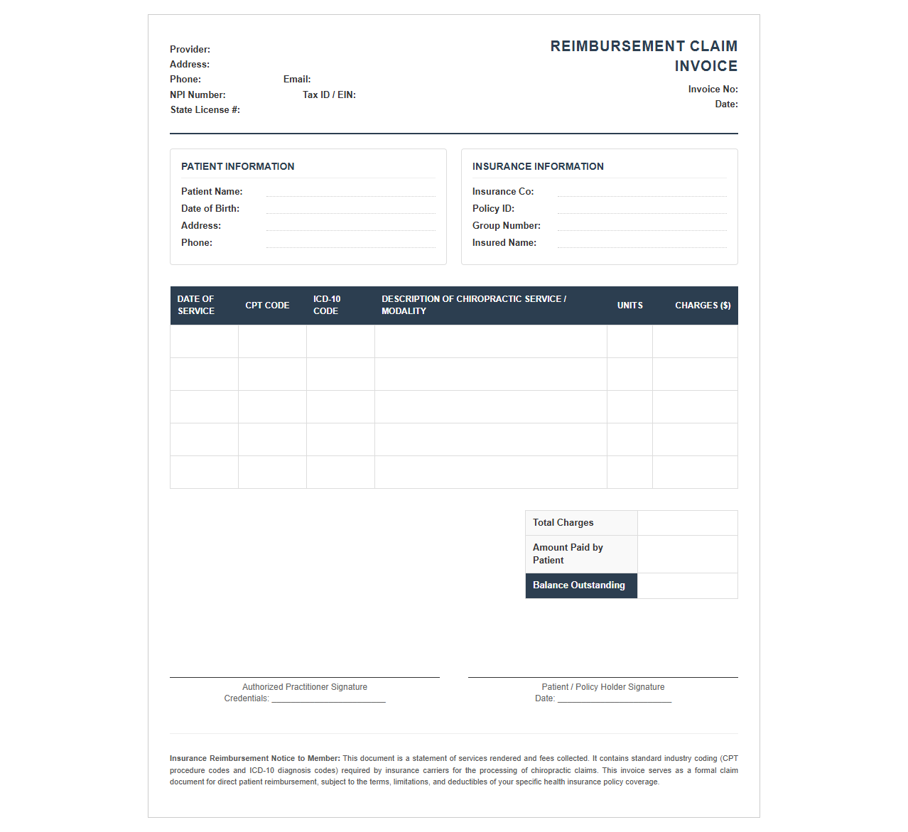 Chiropractic Care Insurance Reimbursement Invoice