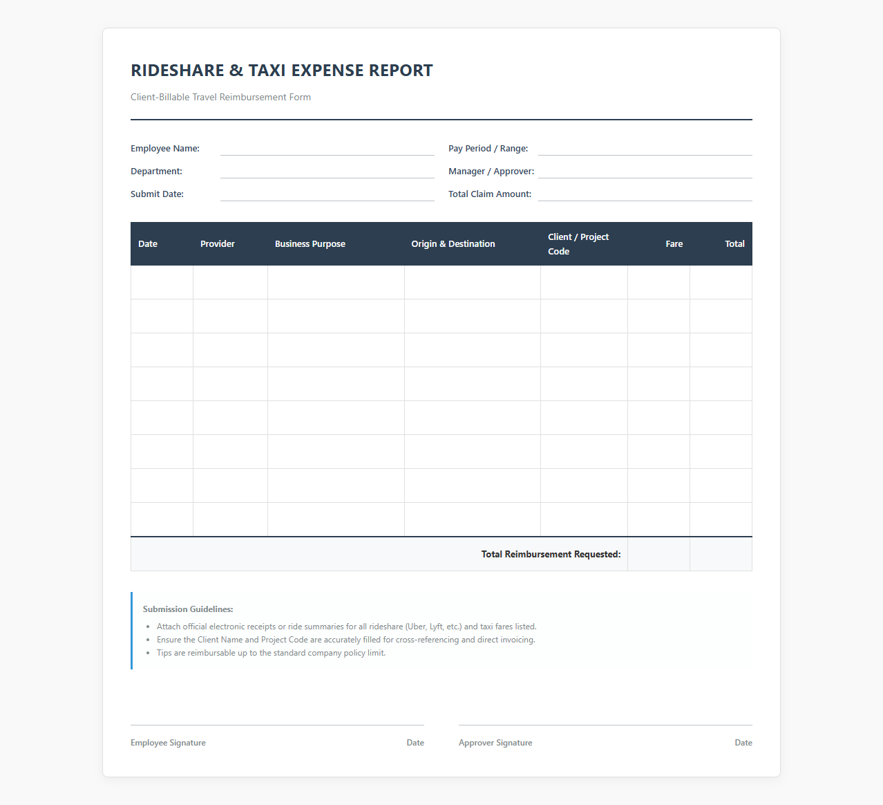Client-Billable Rideshare Travel Expense Template