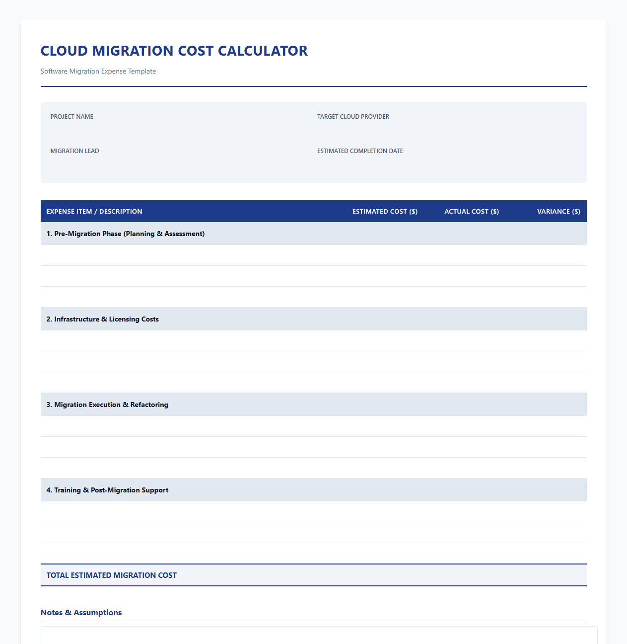 Cloud Migration Cost Calculator Template