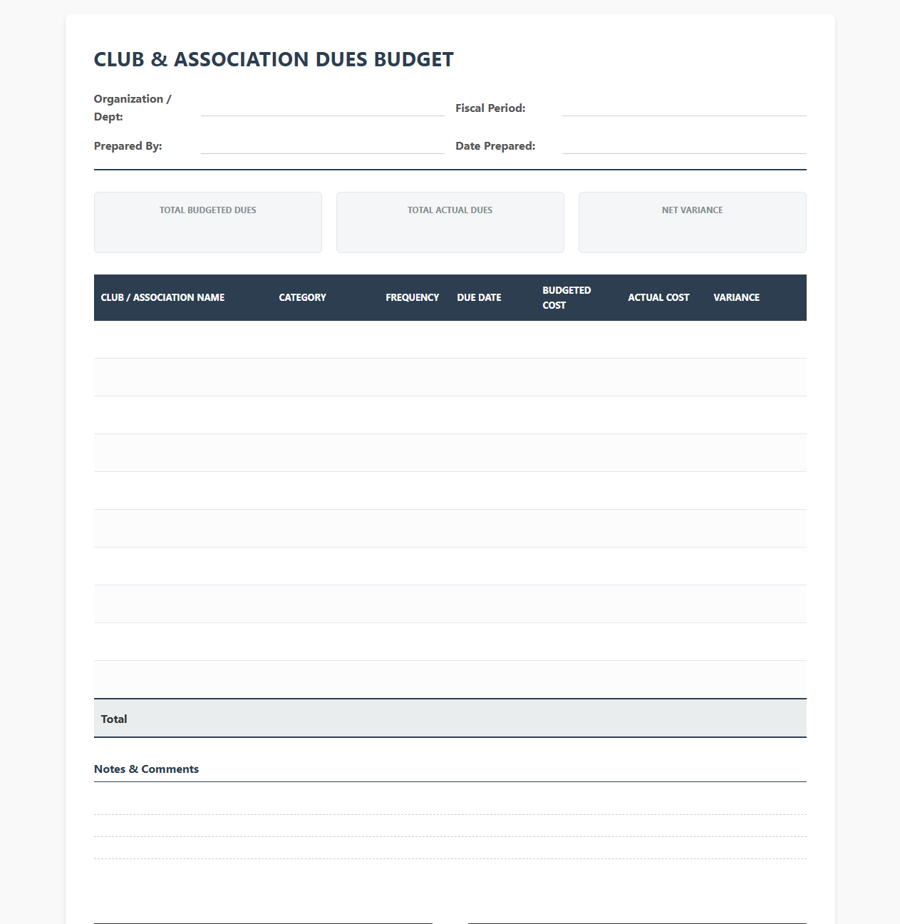 Club Membership and Association Dues Budget Template