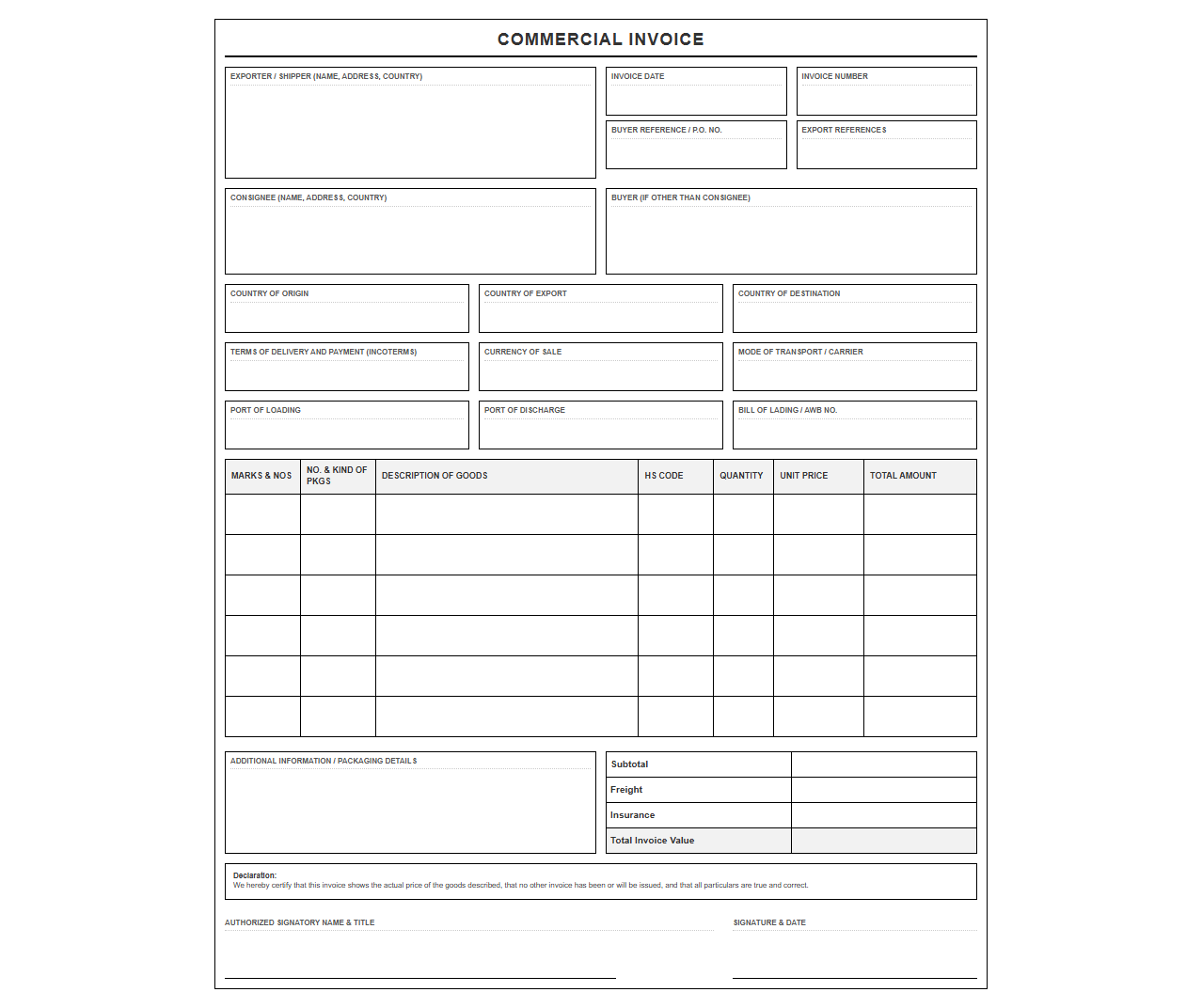 Commercial Export Sales Invoice Template
