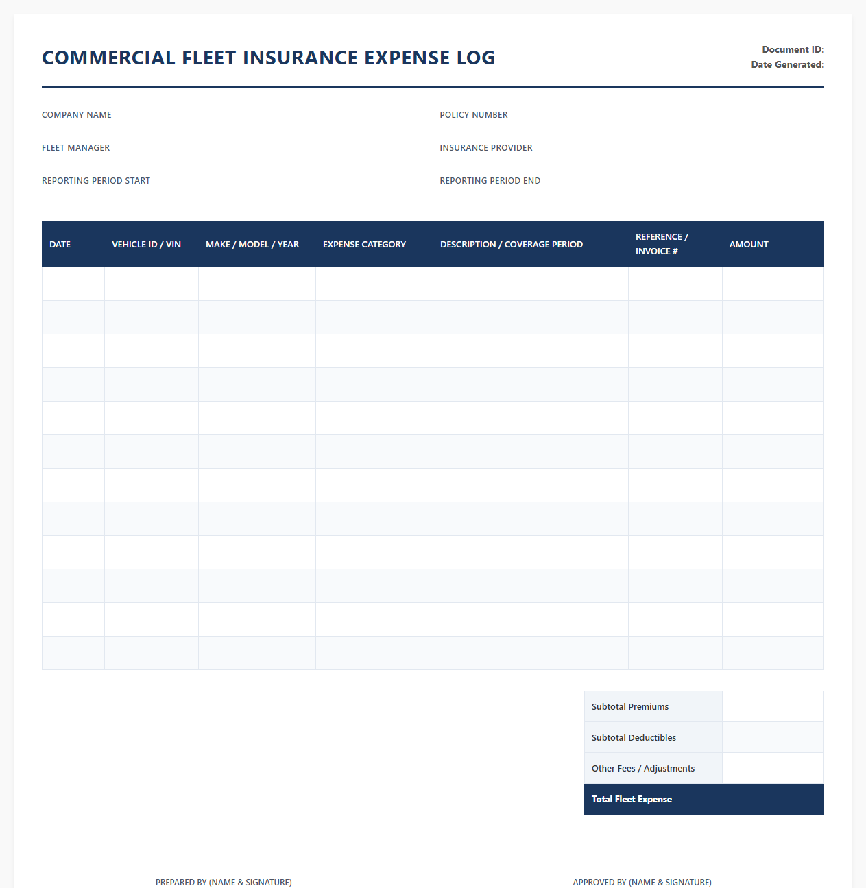 Commercial Fleet Insurance Expense Log