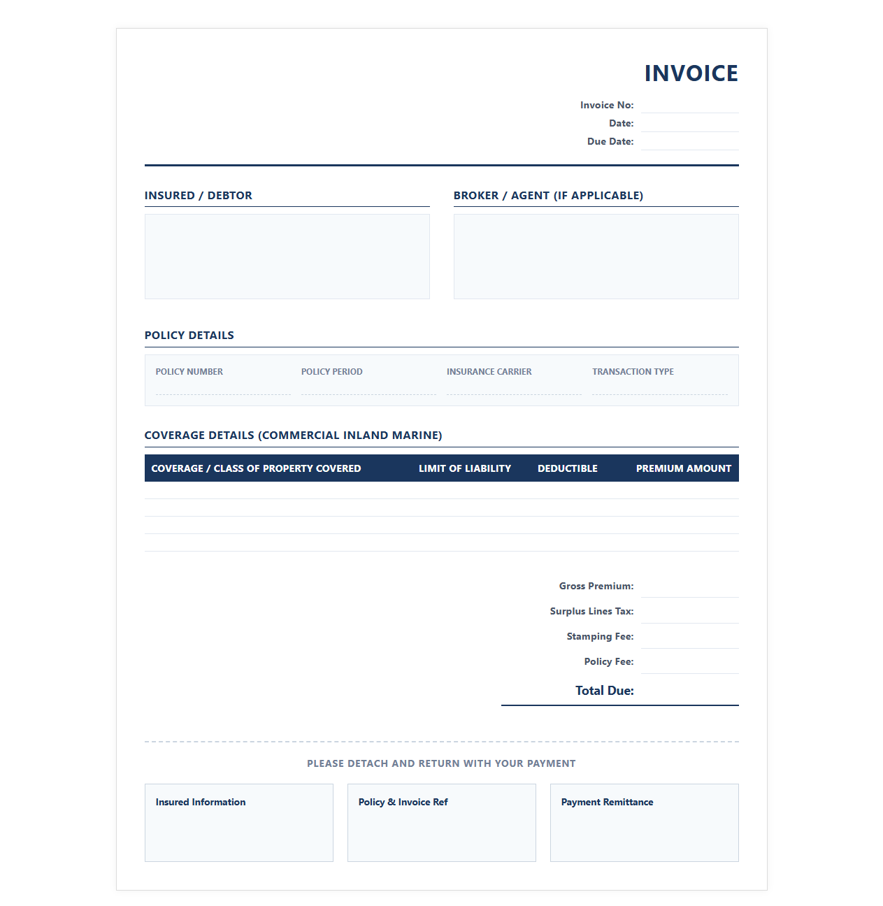 Commercial Inland Marine Insurance Invoice