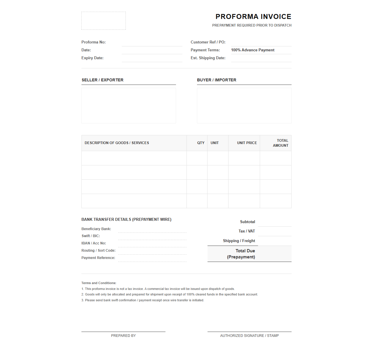 Commercial Proforma Invoice for Upfront Payment