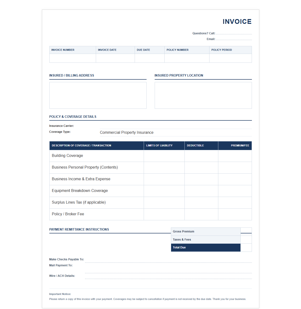 Commercial Property Insurance Invoice Template
