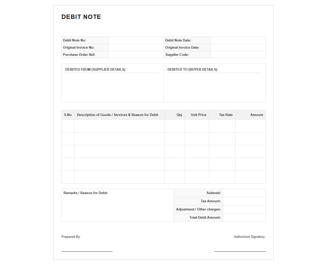 Commercial Supplier Debit Note Invoice Format