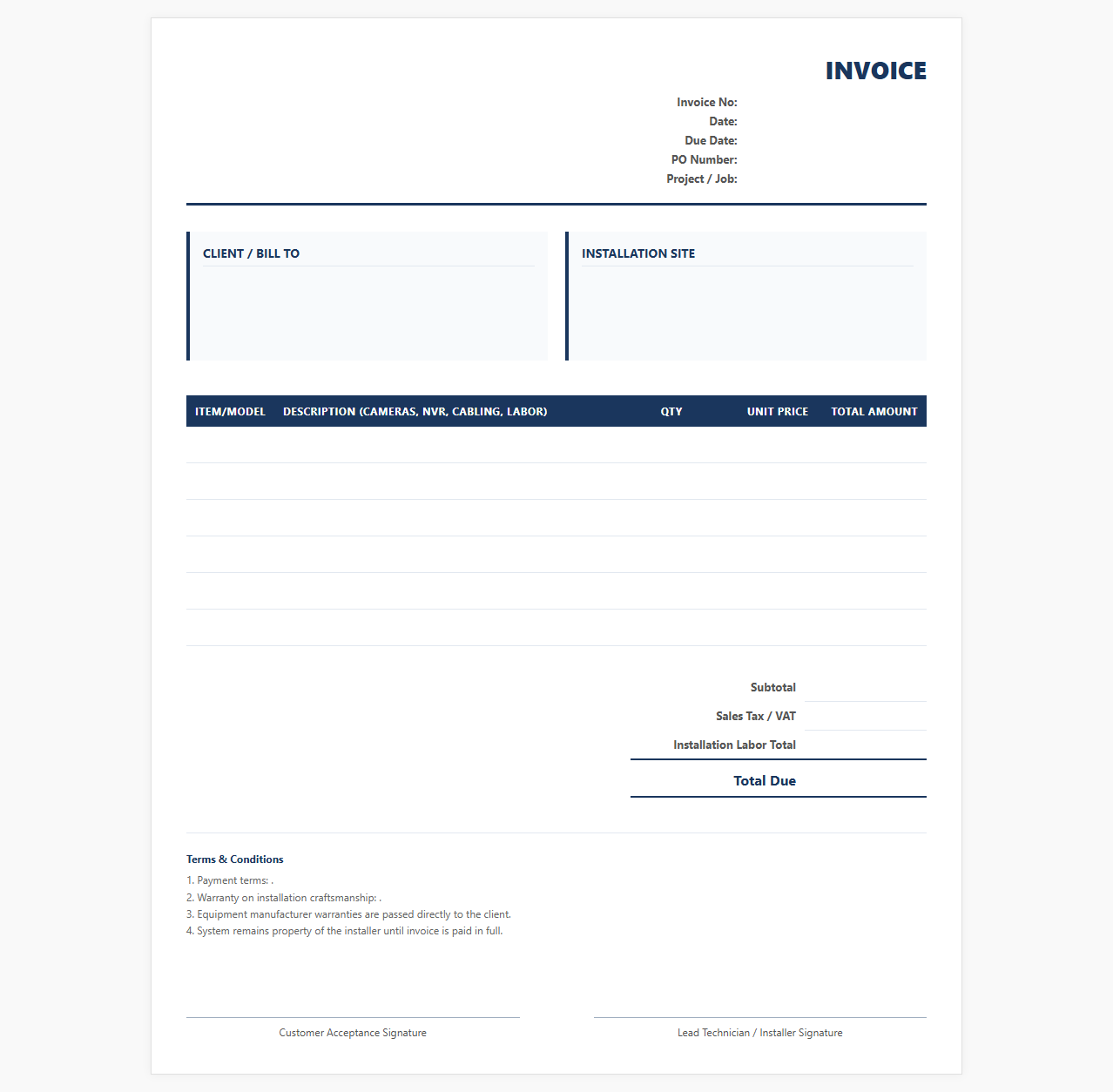 Commercial Surveillance System Installation Invoice