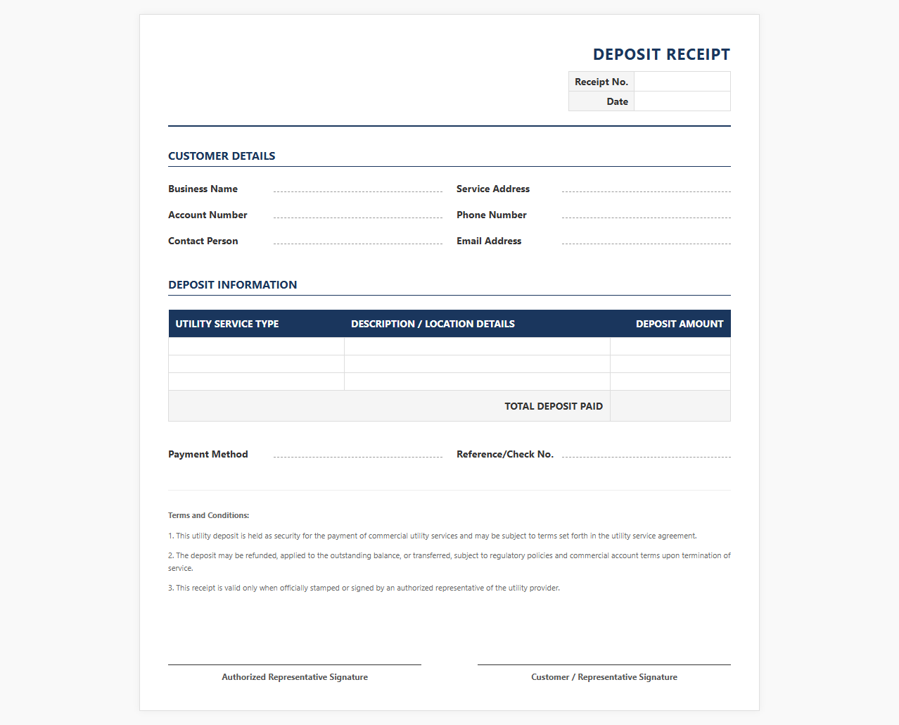 Commercial Utility Deposit Payment Receipt