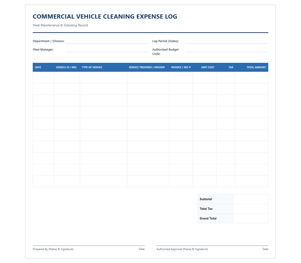 Commercial Vehicle Cleaning Expense Log
