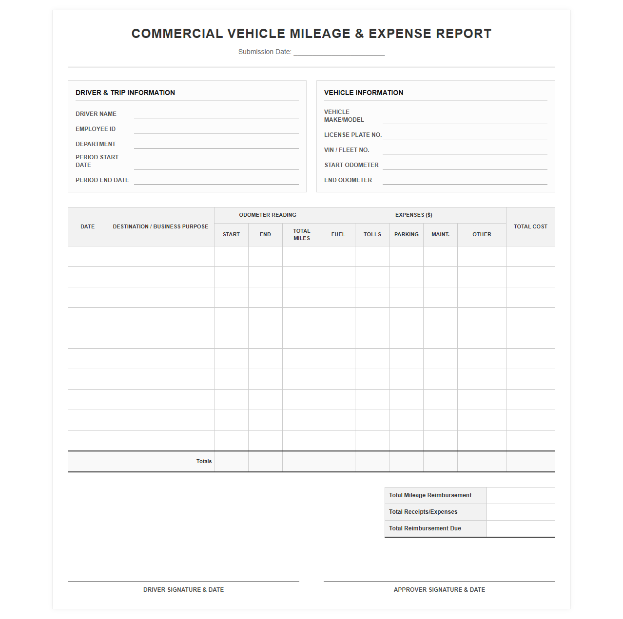 Commercial Vehicle Mileage Expense Report