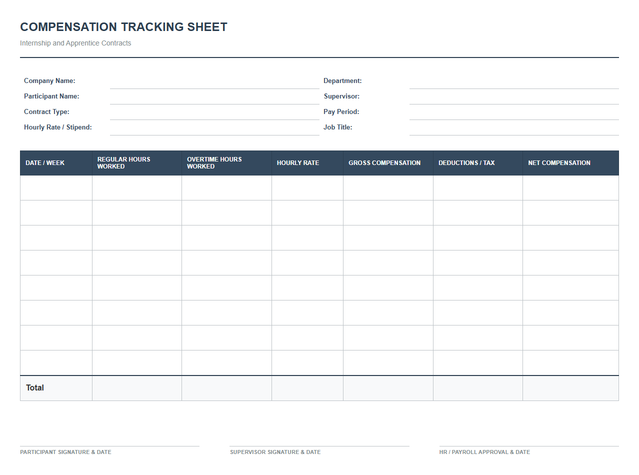 Compensation Tracking Sheet for Interns and Apprentices