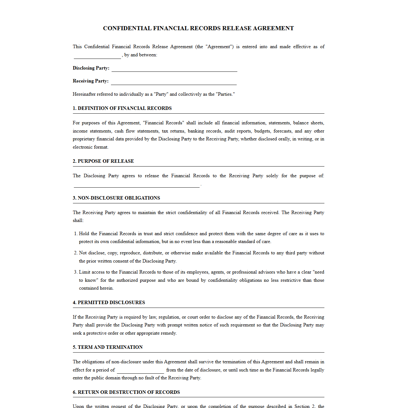 Confidential Financial Records Release Agreement
