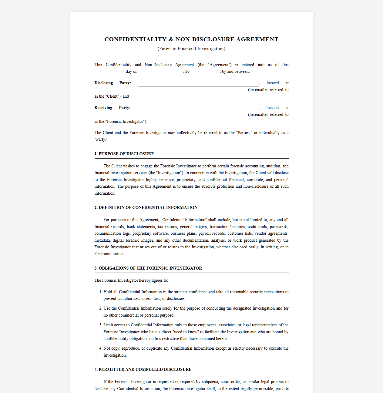 Confidentiality Agreement for Forensic Financial Investigations