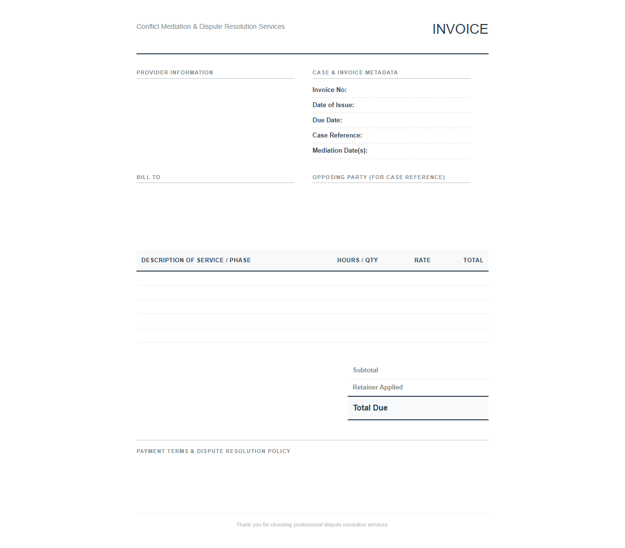 Conflict Mediation Services Billing Template