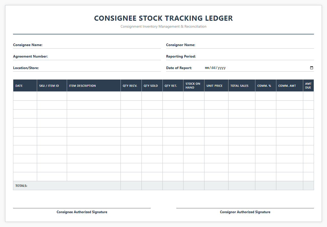 Consignee Stock Tracking Ledger Template