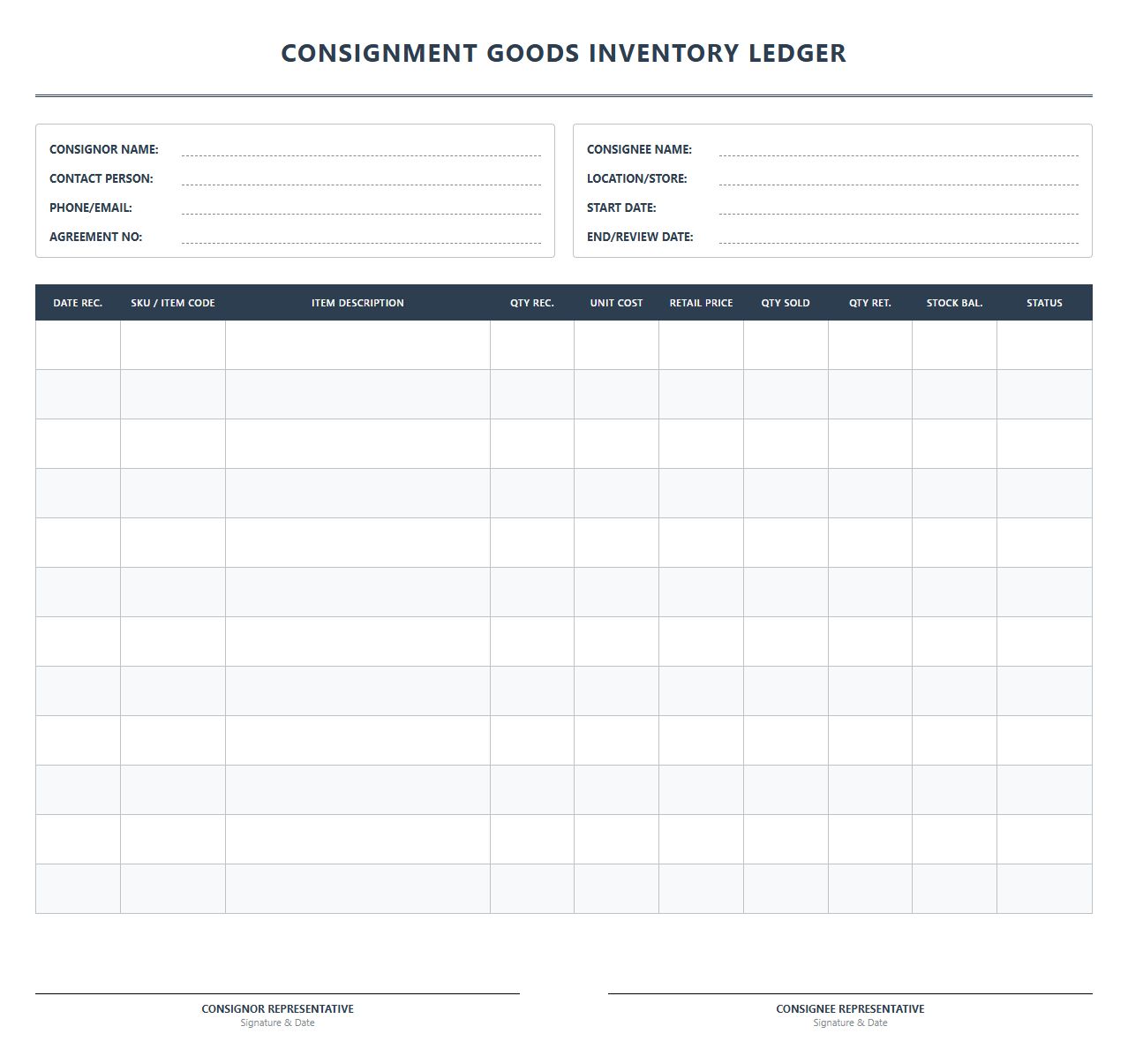 Consignment Goods Inventory Ledger Template