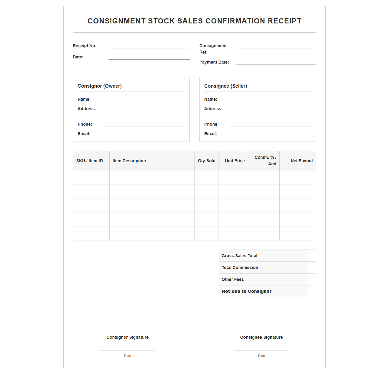 Consignment Stock Sales Confirmation Receipt