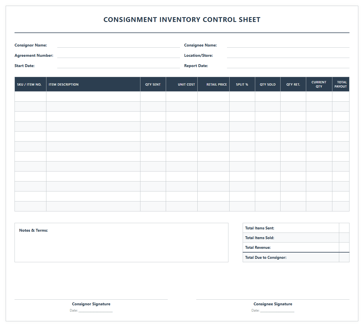 Consignor Consignment Inventory Control Sheet