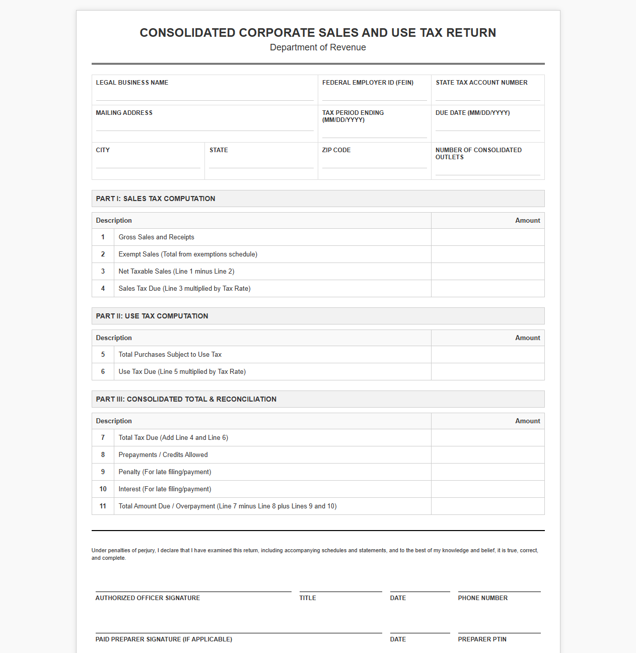 Consolidated Corporate Sales and Use Tax Return Template