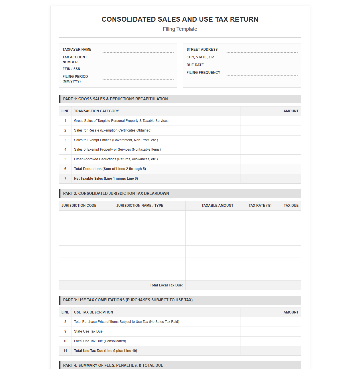 Consolidated Sales and Use Tax Filing Template