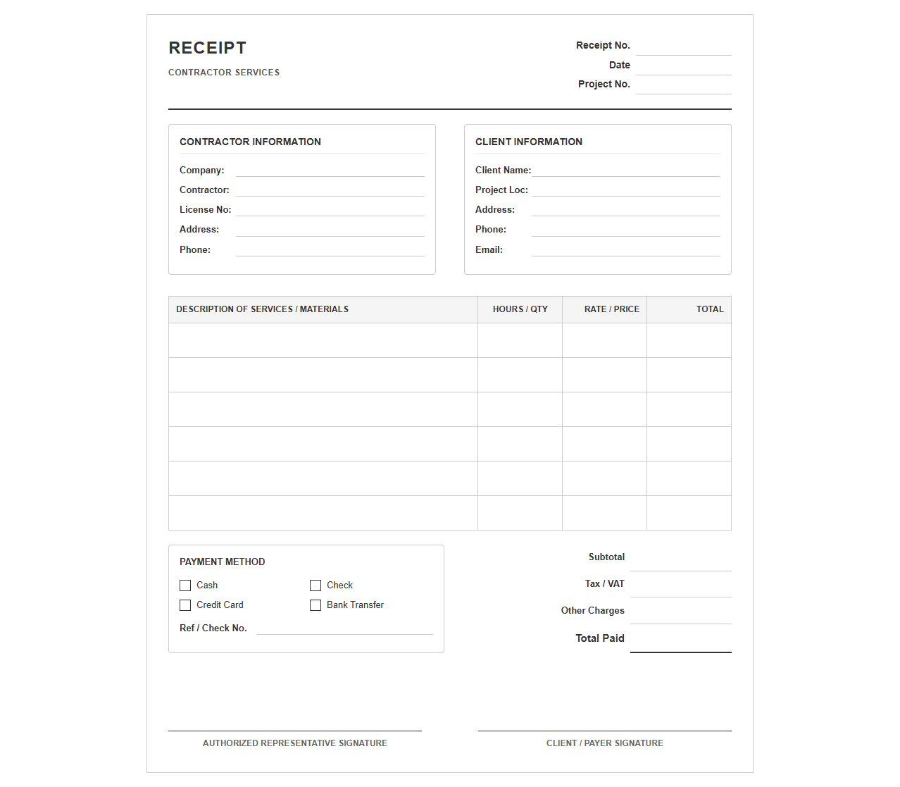 Construction Contractor Services Receipt Form