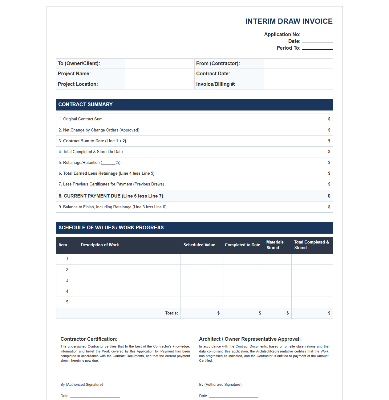 Construction Interim Draw Invoice Template