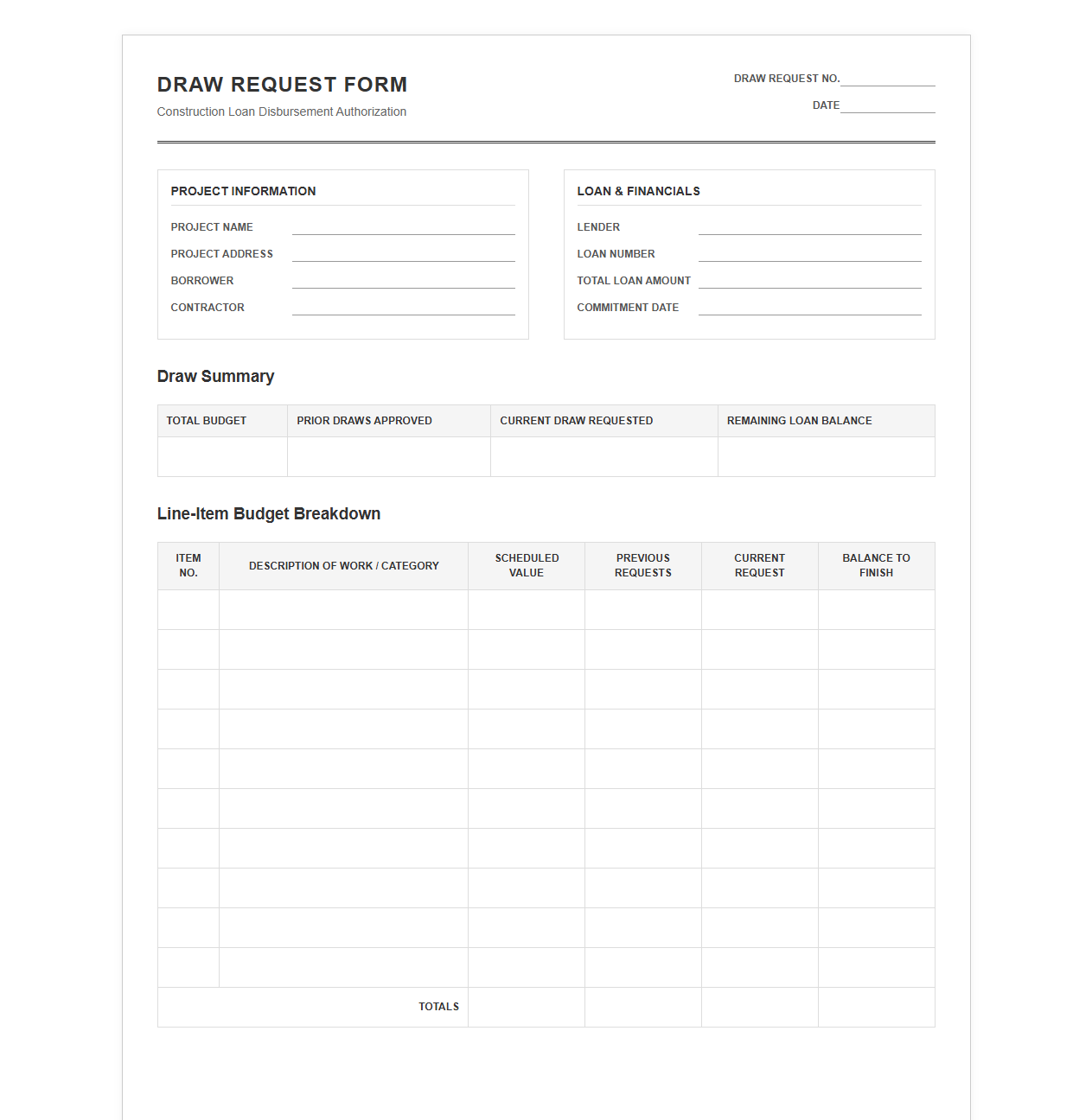 Construction Loan Draw Request Form