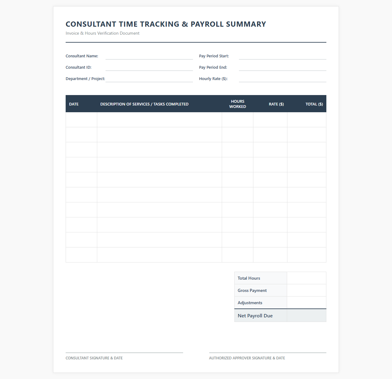 Consultant Time Tracking and Payroll Summary