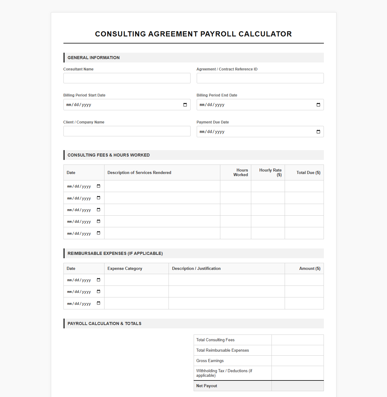 Consulting Agreement Payroll Calculator