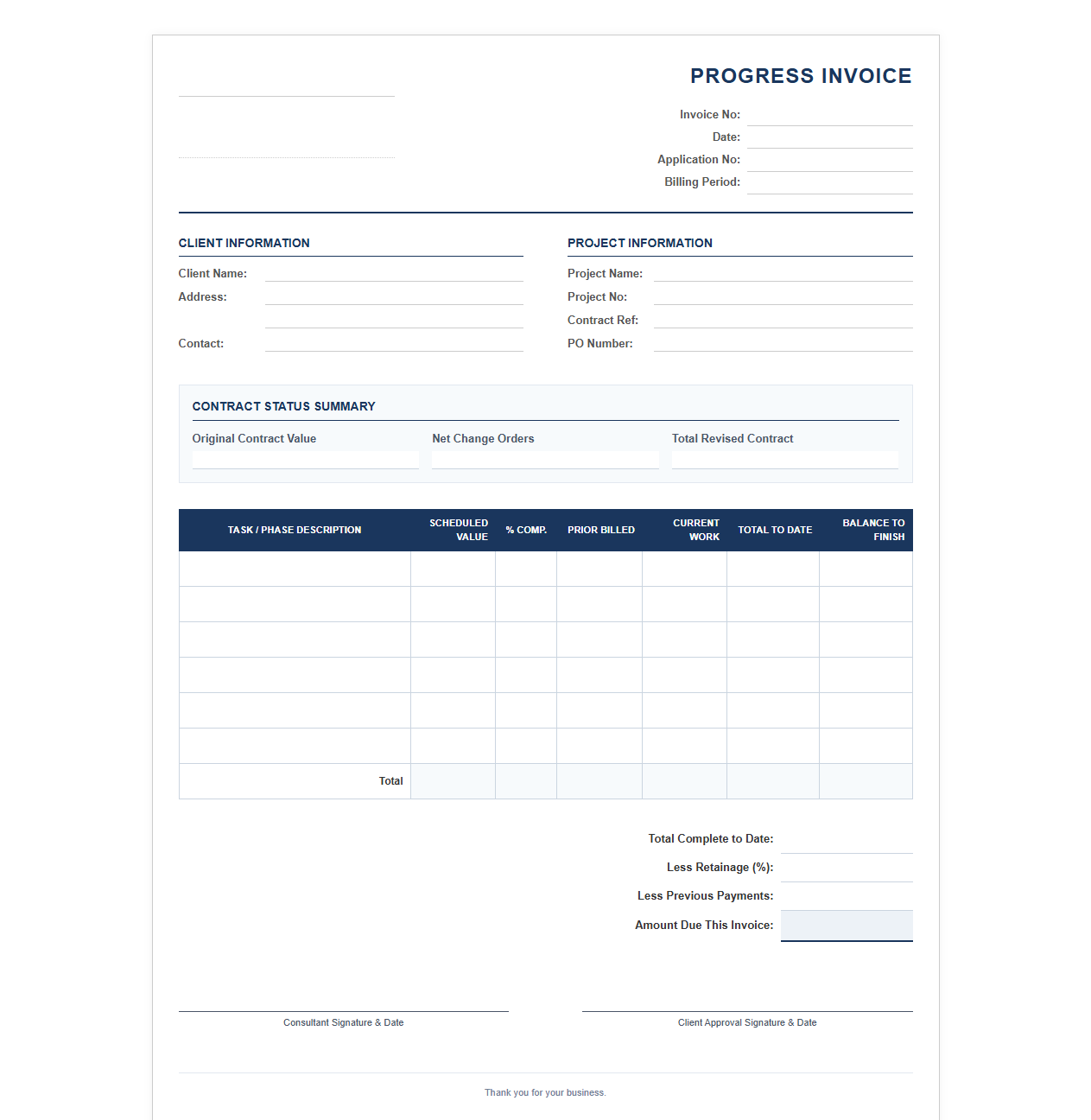 Consulting Services Progress Billing Invoice Template