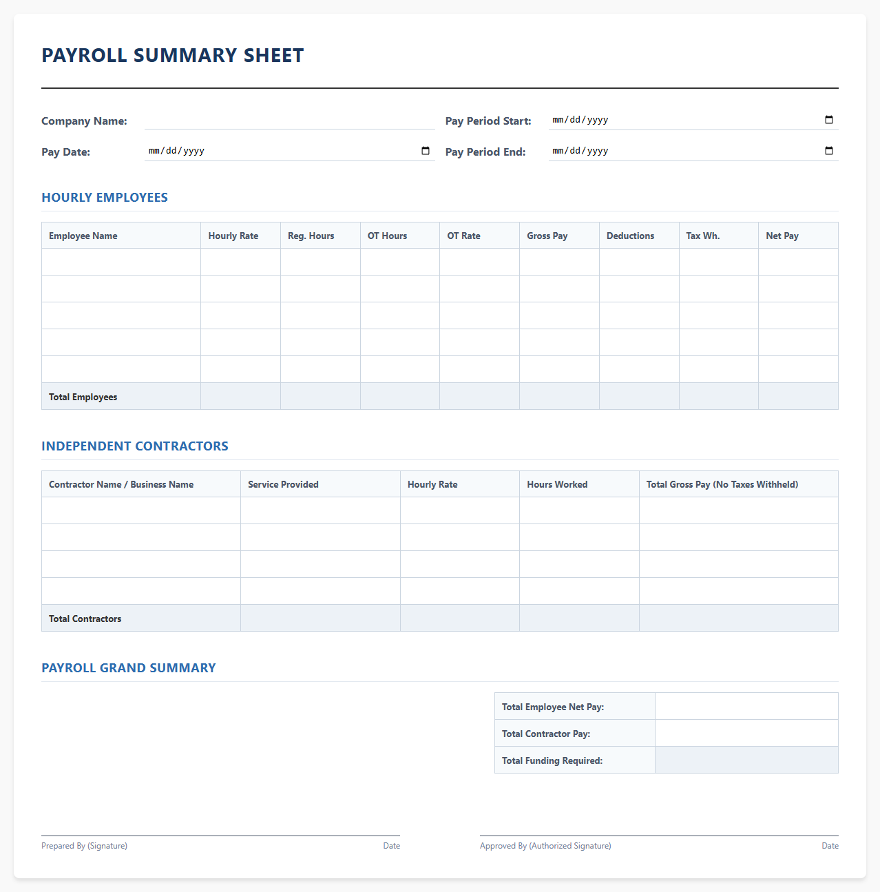 Contractor and Hourly Employee Payroll Template