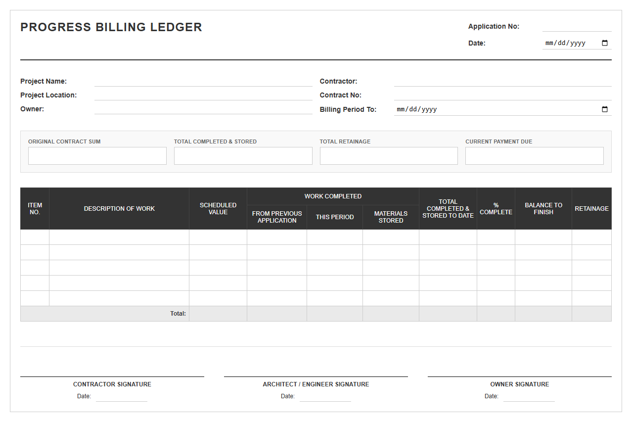 Contractor Progress Billing Ledger Template