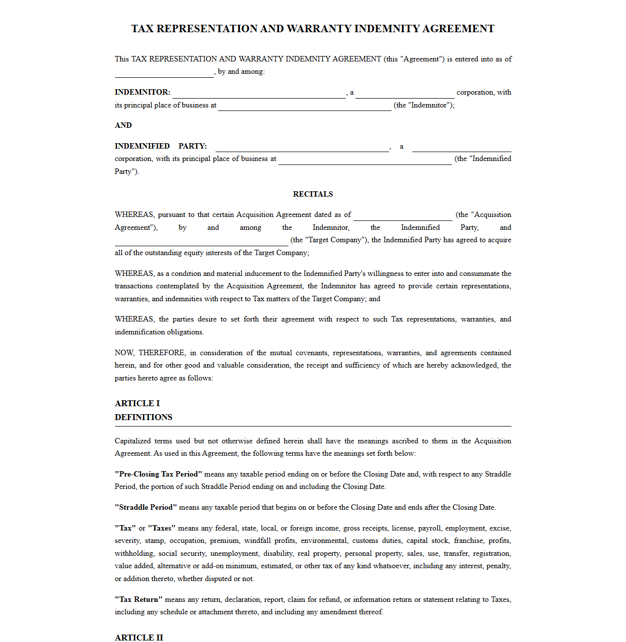 Corporate Acquisition Tax Rep and Warranty Indemnity Agreement