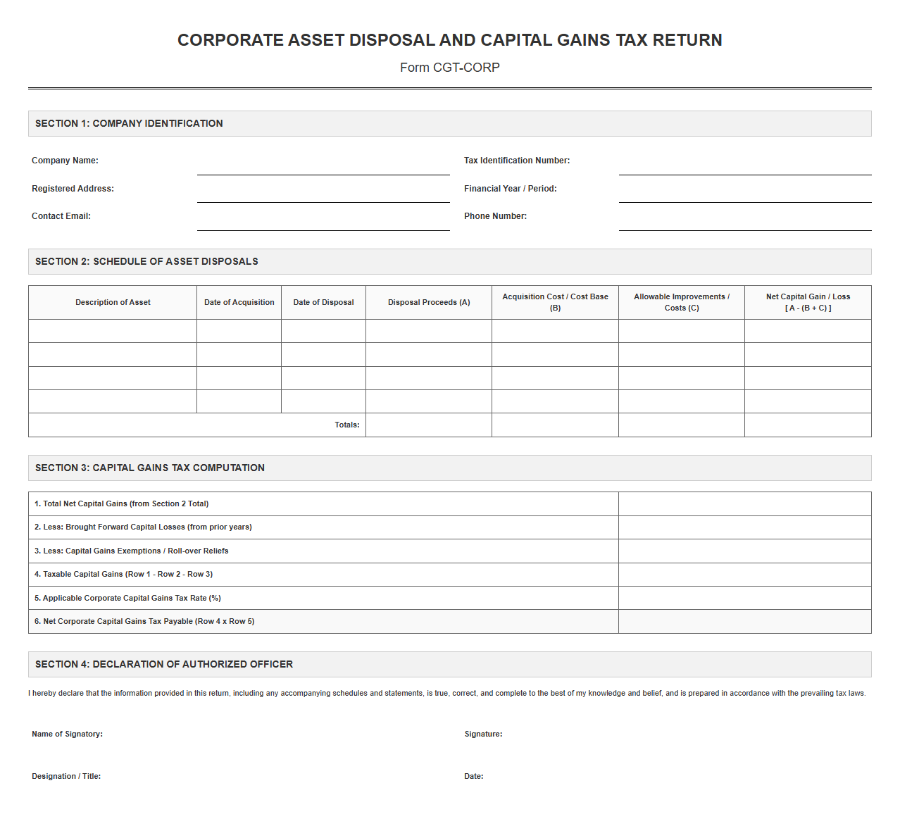Corporate Asset Disposal and Capital Gains Tax Return