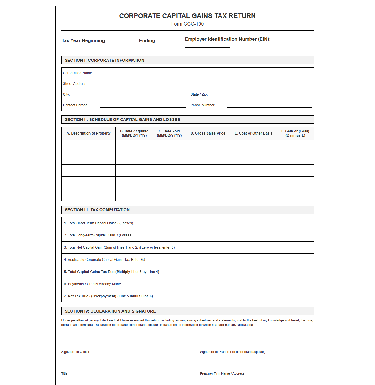 Corporate Capital Gains Tax Return Form