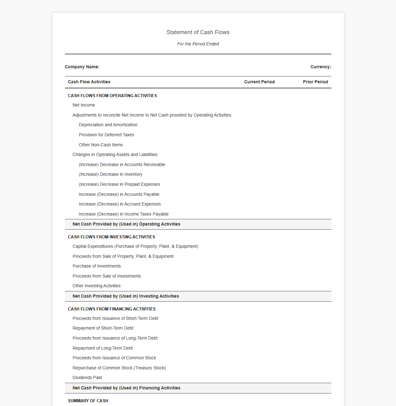 Corporate Cash Flow Statement Template