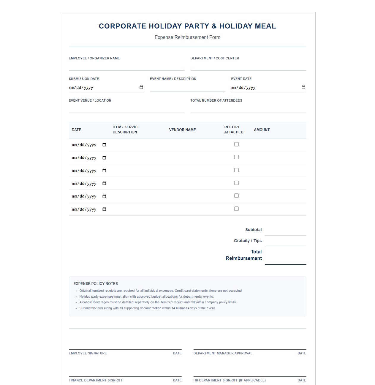 Corporate Holiday Party Expense Reimbursement Form