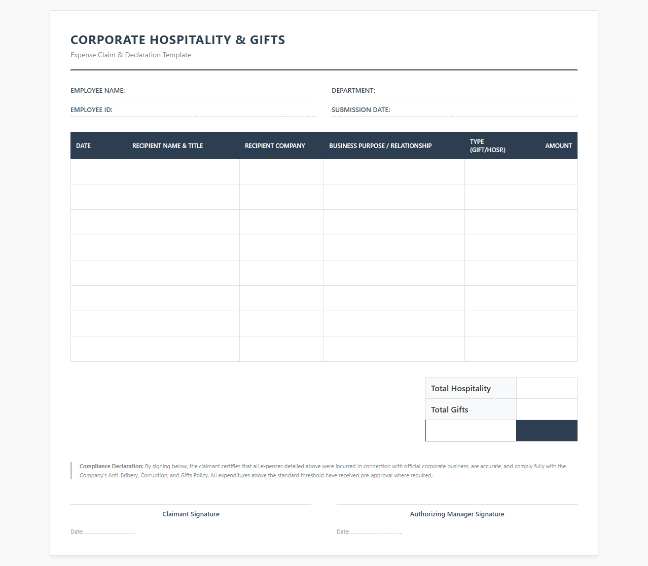 Corporate Hospitality and Gifts Expense Template