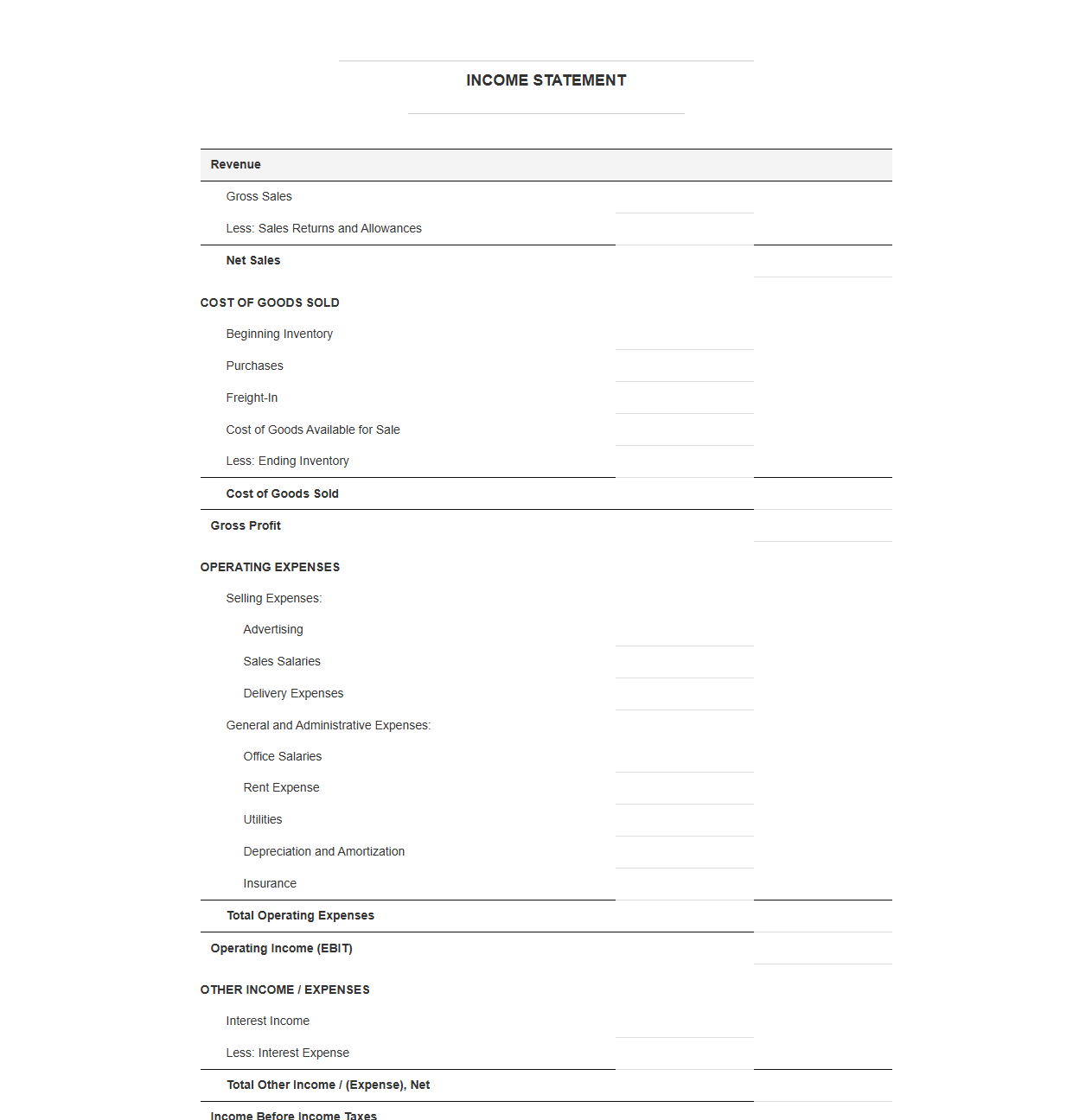 Corporate Income Statement Template