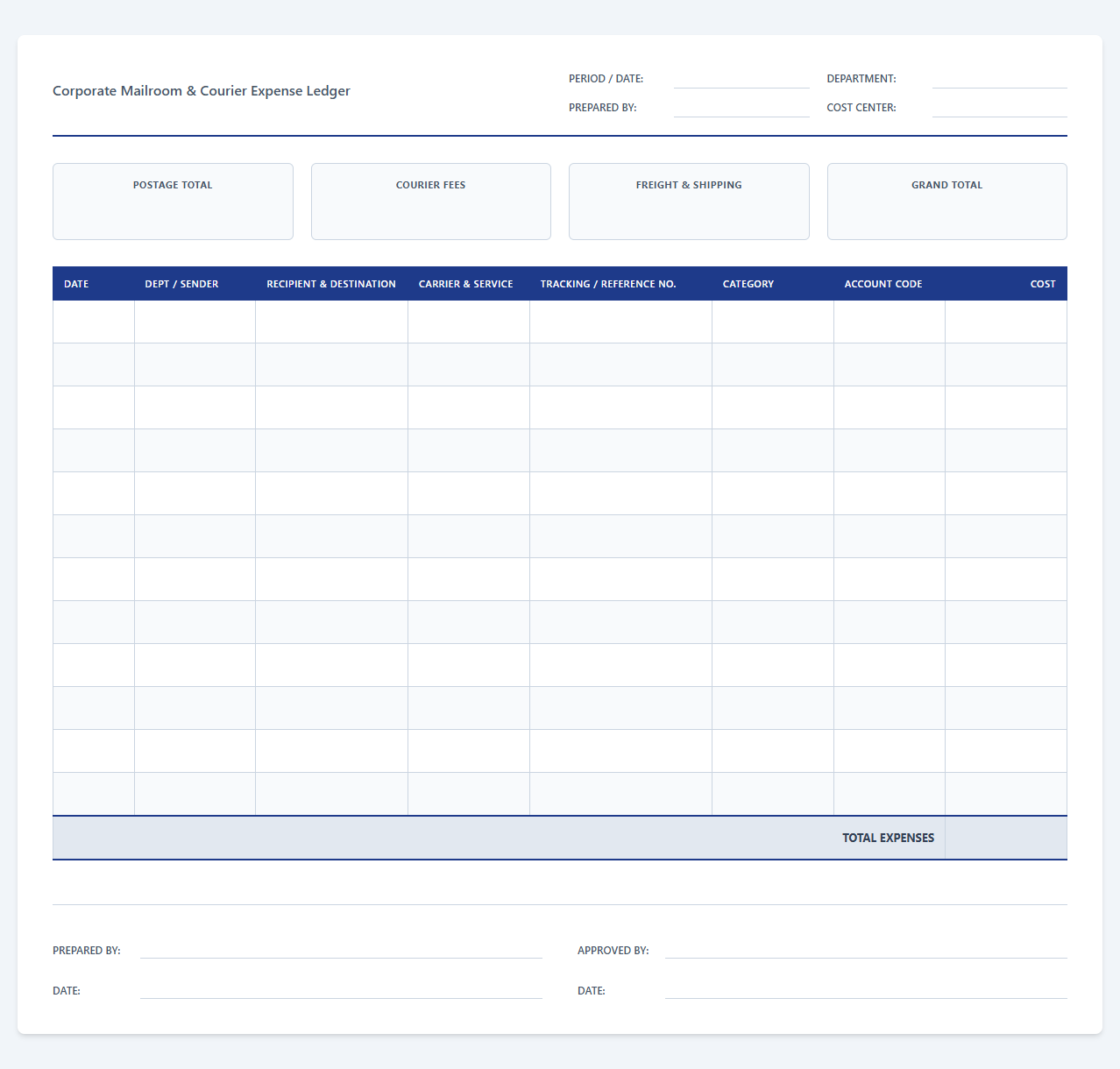 Corporate Mailroom and Courier Expense Ledger