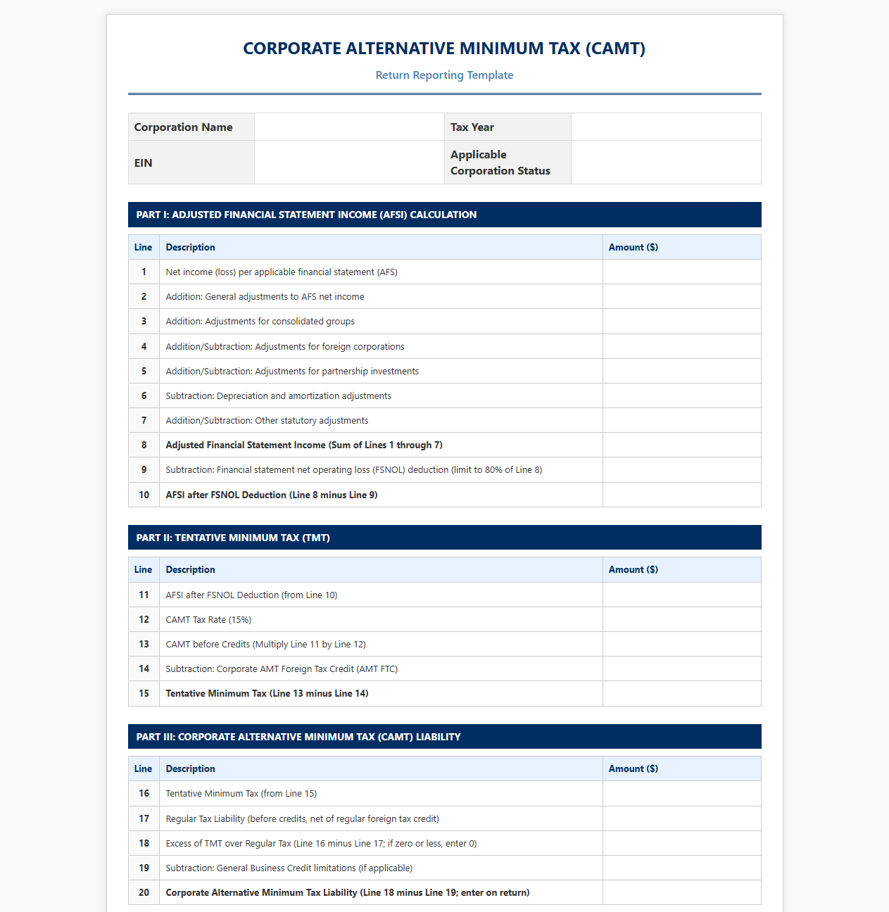 Corporate Minimum Tax Return Reporting Template