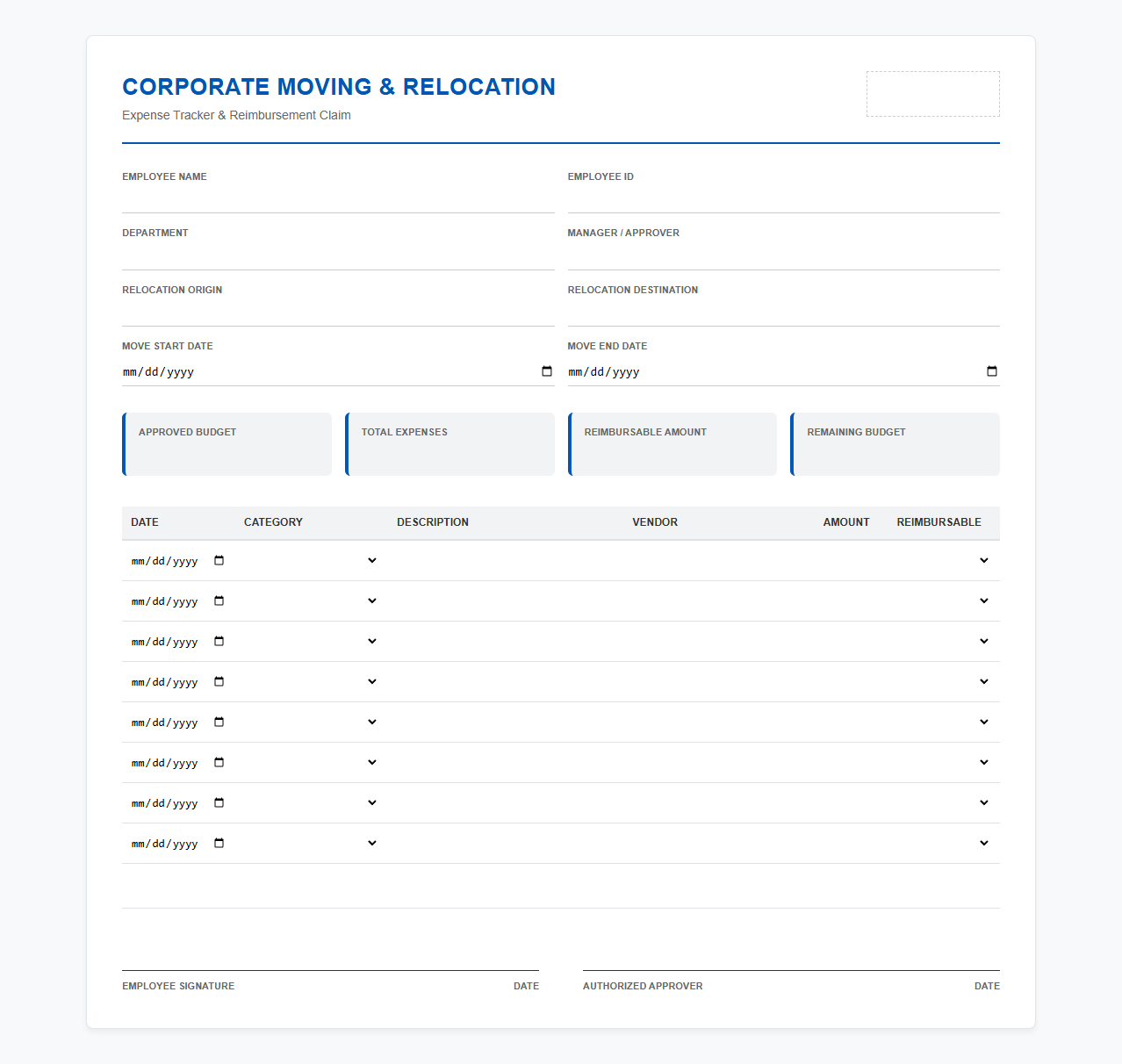Corporate Moving and Relocation Expense Tracker