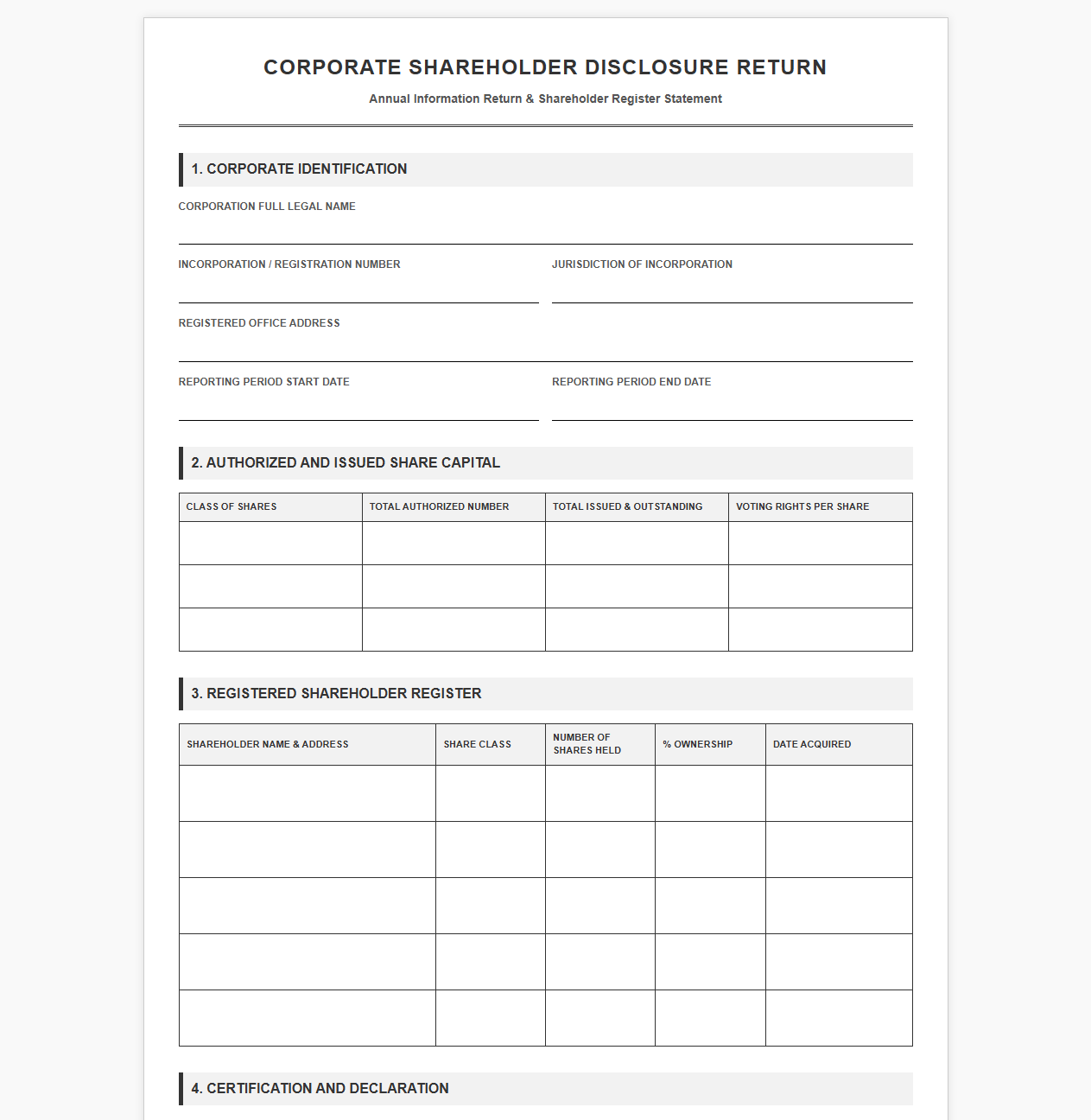 Corporate Shareholder Disclosure Return Template
