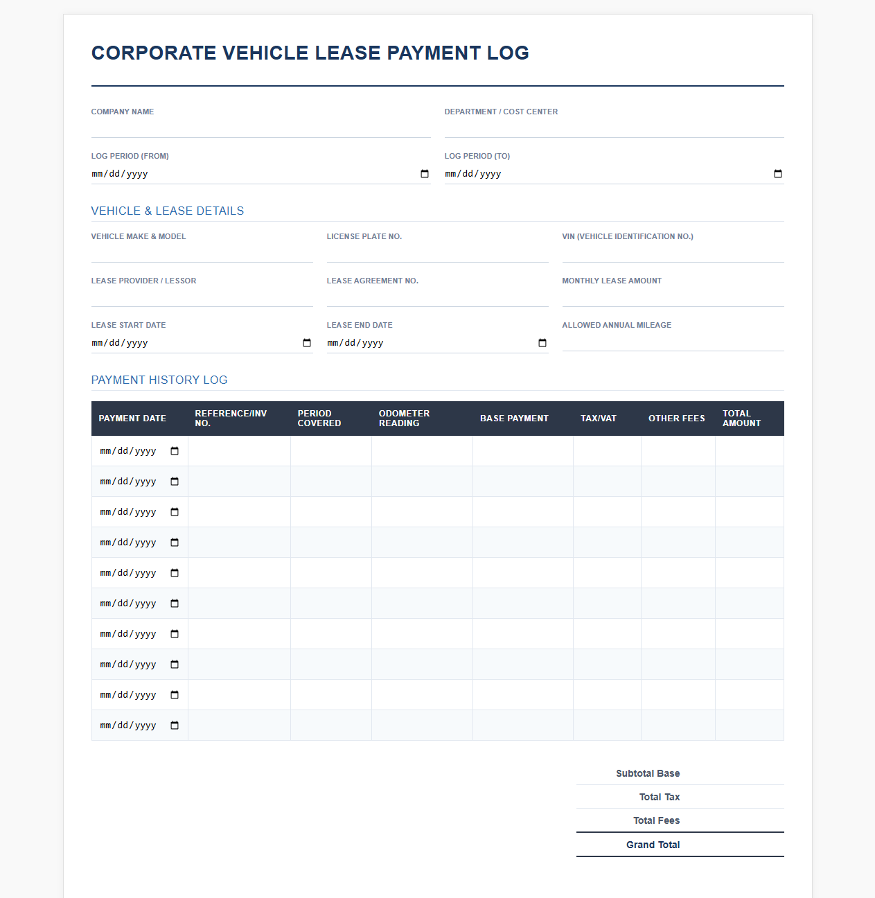 Corporate Vehicle Lease Payment Log